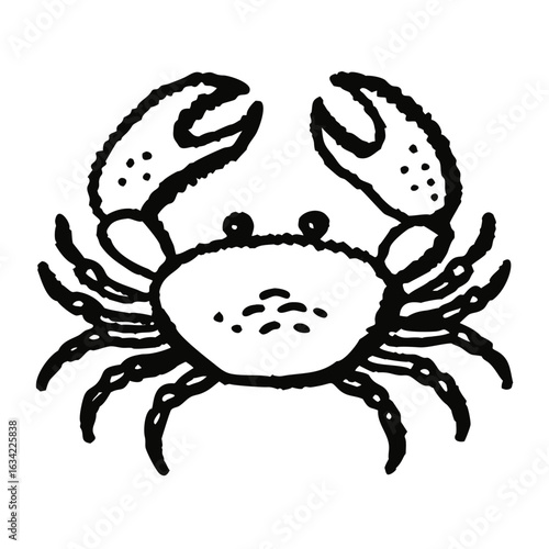 Illustration of a crab with prominent claws in a simple, bold style suitable for educational or culinary purposes