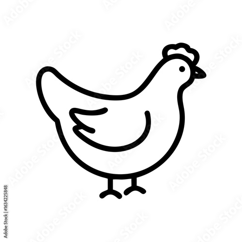 Cute cartoon chicken standing and looking around in a simple design featuring a clear outline and minimal detail