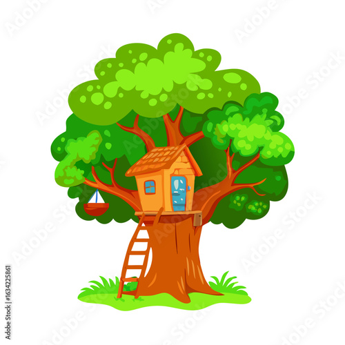 Tree house nestled in a large green tree with climbing ladder and surrounding grass in a bright sunny setting