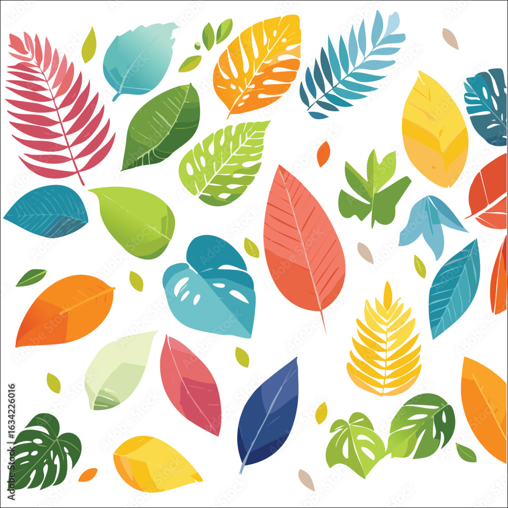 Obraz premium Summer tropical leaves clip art in colorful abstract background collection for seasonal greeting card