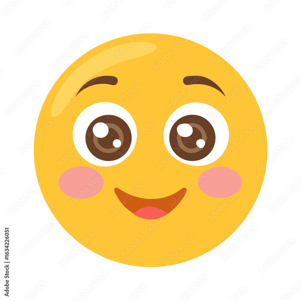 Fototapeta premium Happy yellow smiley face with big brown eyes and rosy cheeks expressing joy and positivity in a simple, cheerful design