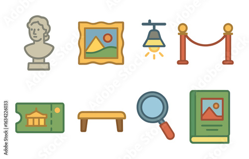 Children's Art Gallery Icons. Flat vector mini-illustrations art museums and exhibitions in colors children's