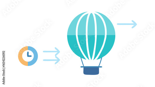 Hot air balloon rising into the sky with a clock representing time passing during a clear day