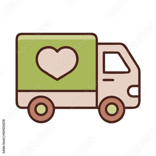 Delivery truck with a heart decoration parked on a sunny street, symbolizing care and community service in urban settings
