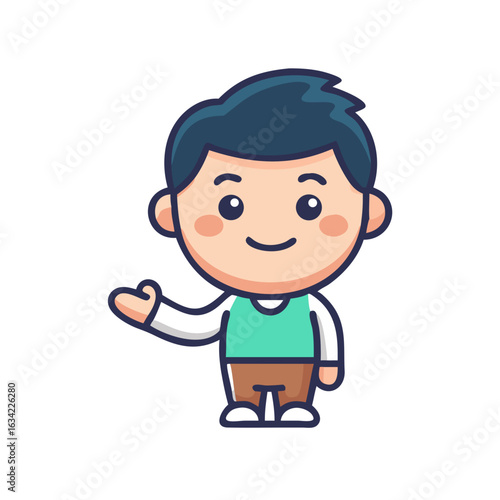 Friendly cartoon character with a welcoming gesture in a colorful illustration during a playful activity or event