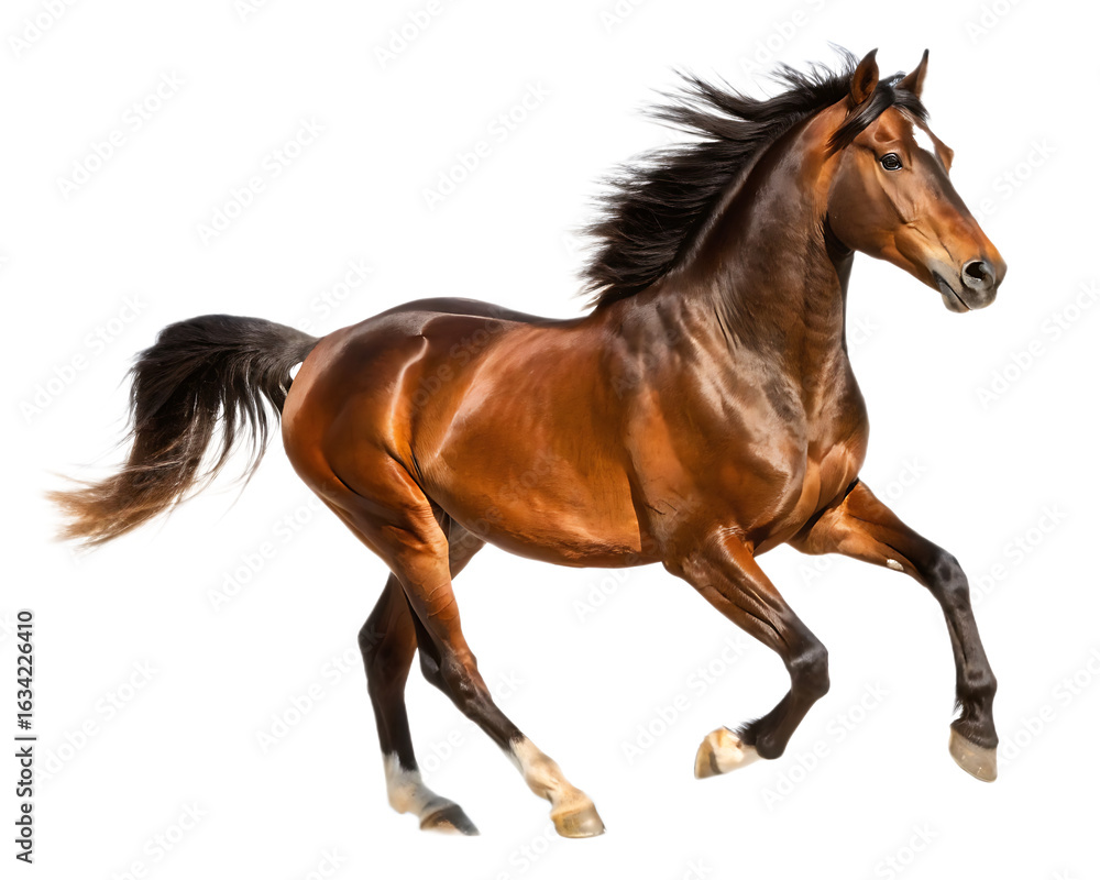 Obraz premium A brown horse with a white stripe on its face running with its tail and mane flowing in the wind