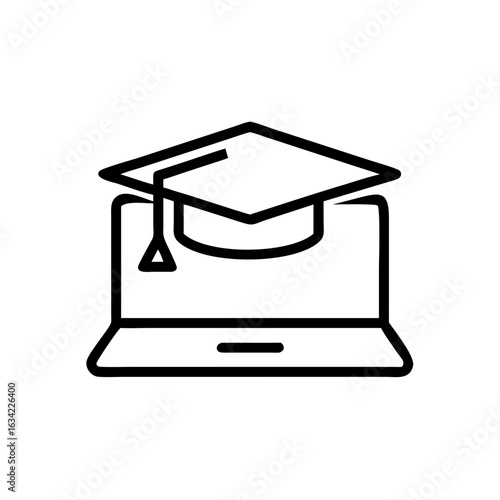 Online education concept featuring a laptop with a graduation cap symbolizing virtual learning and academic achievement in a modern setting