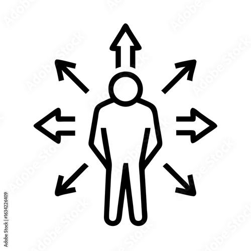 Concept illustrating decision making with a person surrounded by arrows indicating various directions, symbolizing choices and options