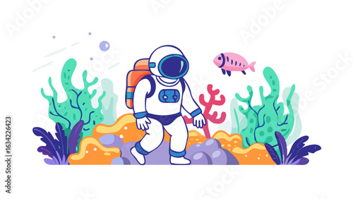 Exploring the ocean depths in a spacesuit while colorful fish swim nearby among vibrant coral reefs