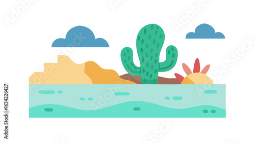 Desert landscape featuring a tall cactus, sandy hills, and colorful sun under a bright blue sky