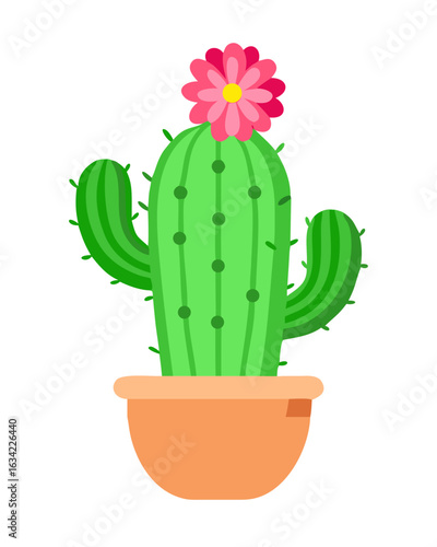 Bright green cactus in a pot with a pink flower blooming on top during a sunny day, set against a simple background for a cheerful look