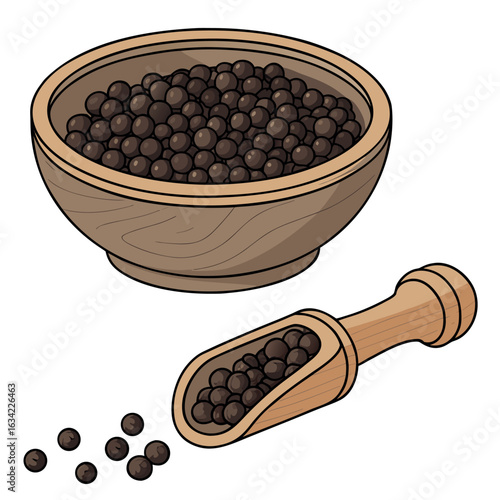 A wooden bowl and scoop showcase plenty of dark peppercorns against a white background