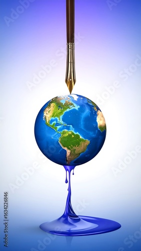 Ink pen nib touching Earth globe with blue liquid dripping, symbolizing global communication, governance, and the impact of ideas on the world.
