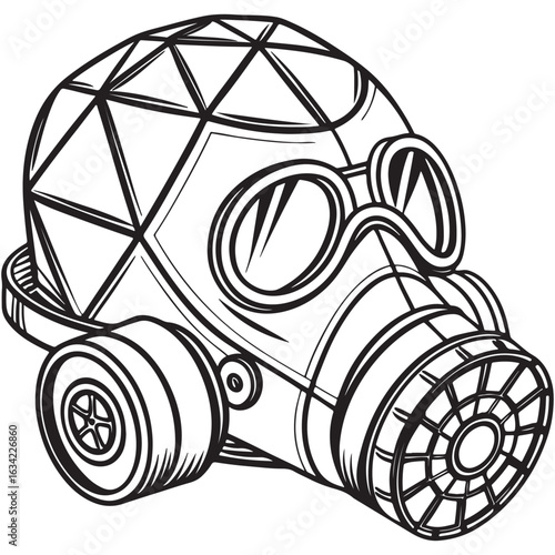 Illustration of a geometric gas mask isolated on white background, a modern and futuristic take on protective equipment for hazardous environments