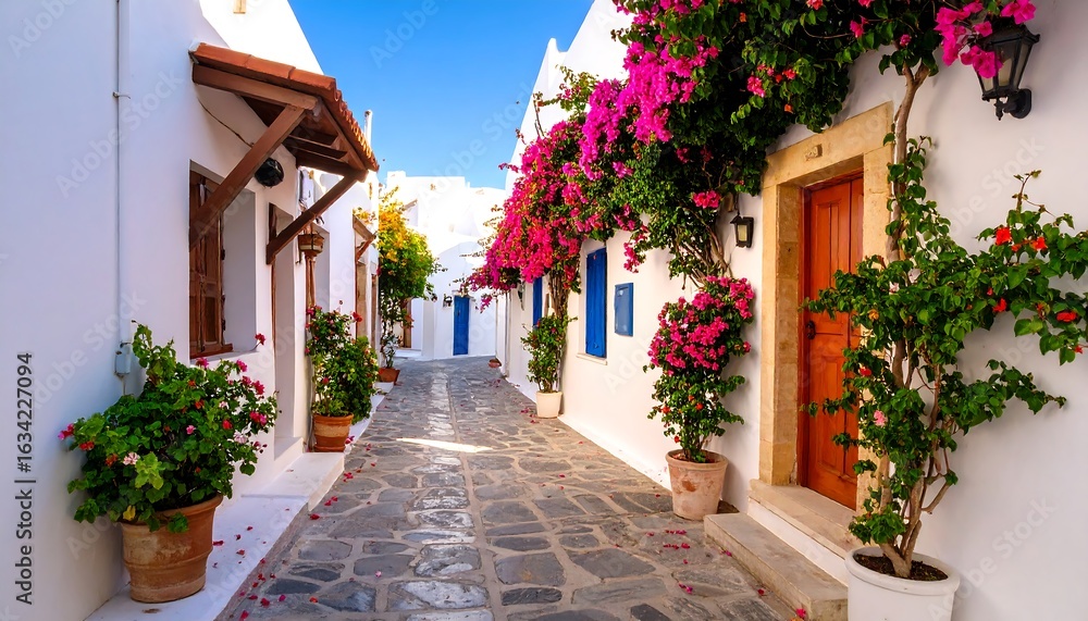 Fototapeta premium Whitewashed alleyway with bougainvillea