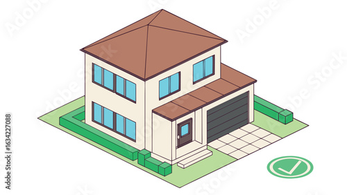 Isometric modern house with garage lawn and check mark icon
