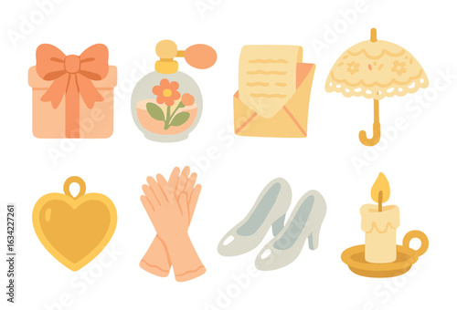 Timeless Romantic Accessories. Flat vector mini-illustrations timeless romantic accessories in colors children