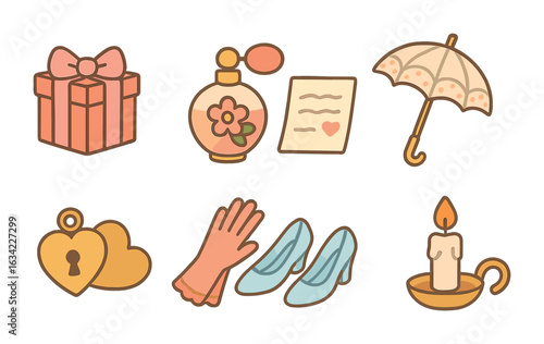 Timeless Romantic Accessories. Flat vector mini-illustrations timeless romantic accessories in colors children