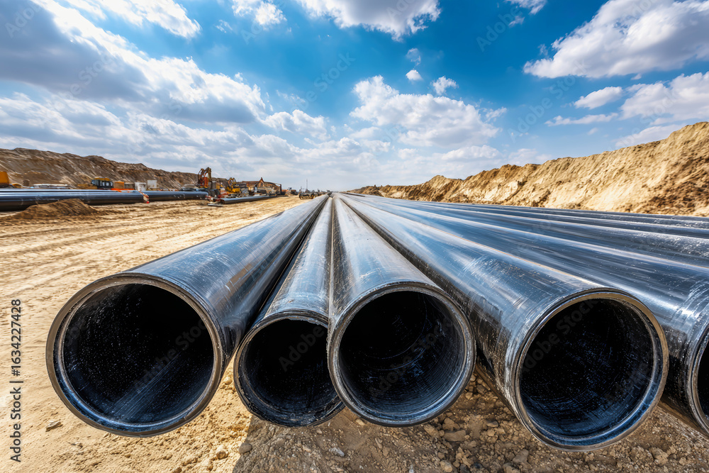 Industrial pipeline construction in a vast desert landscape with sleek polyethylene lines installed underground Industrial pipeline construction in a vast desert landscape with sleek polyethylene lines installed underground