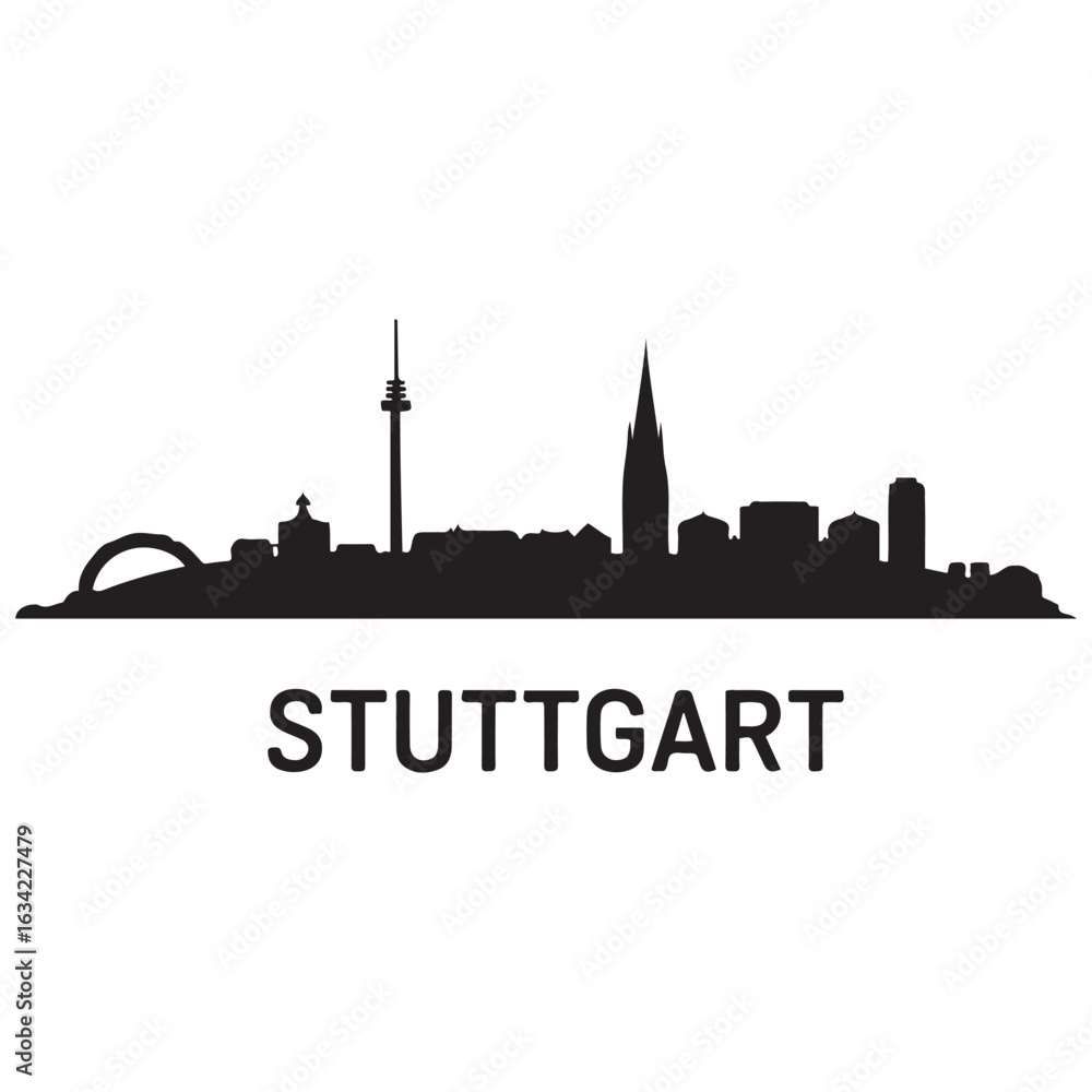 Naklejka premium Stuttgart skyline silhouette with. Landscape Stuttgart, Germany. Vector illustration. Vector black silhouette. with white background.