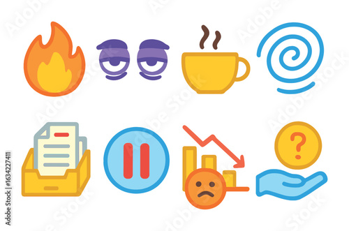 Burnout Awareness Icons. Flat vector mini-illustrations employee burnout awareness in colors children's