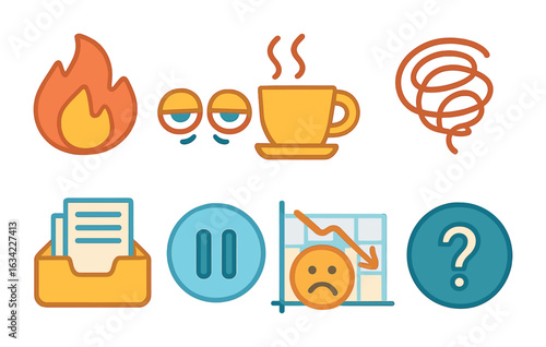 Burnout Awareness Icons. Flat vector mini-illustrations employee burnout awareness in colors children's
