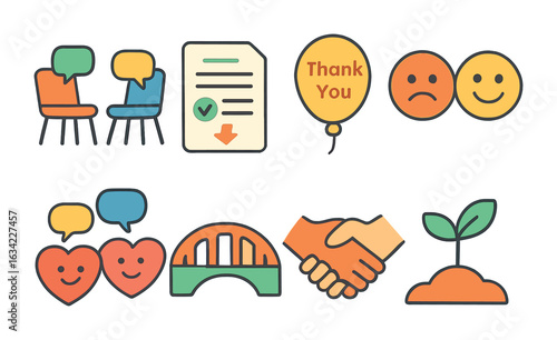 Exit Interview Icons. Flat vector mini-illustrations honest exit conversations in colors children's