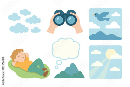 Dreamy Cloud Watching. Flat vector mini-illustrations watching clouds in colors children's illustrations: