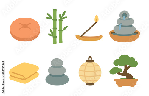 Zen Home Sanctuary Icons. Flat vector mini-illustrations Creating a zen-inspired home sanctuary in colors