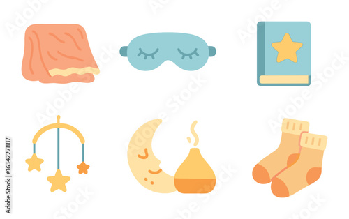 Children's Bedtime Icons. Flat vector mini-illustrations Peaceful bedtime routine in colors children's