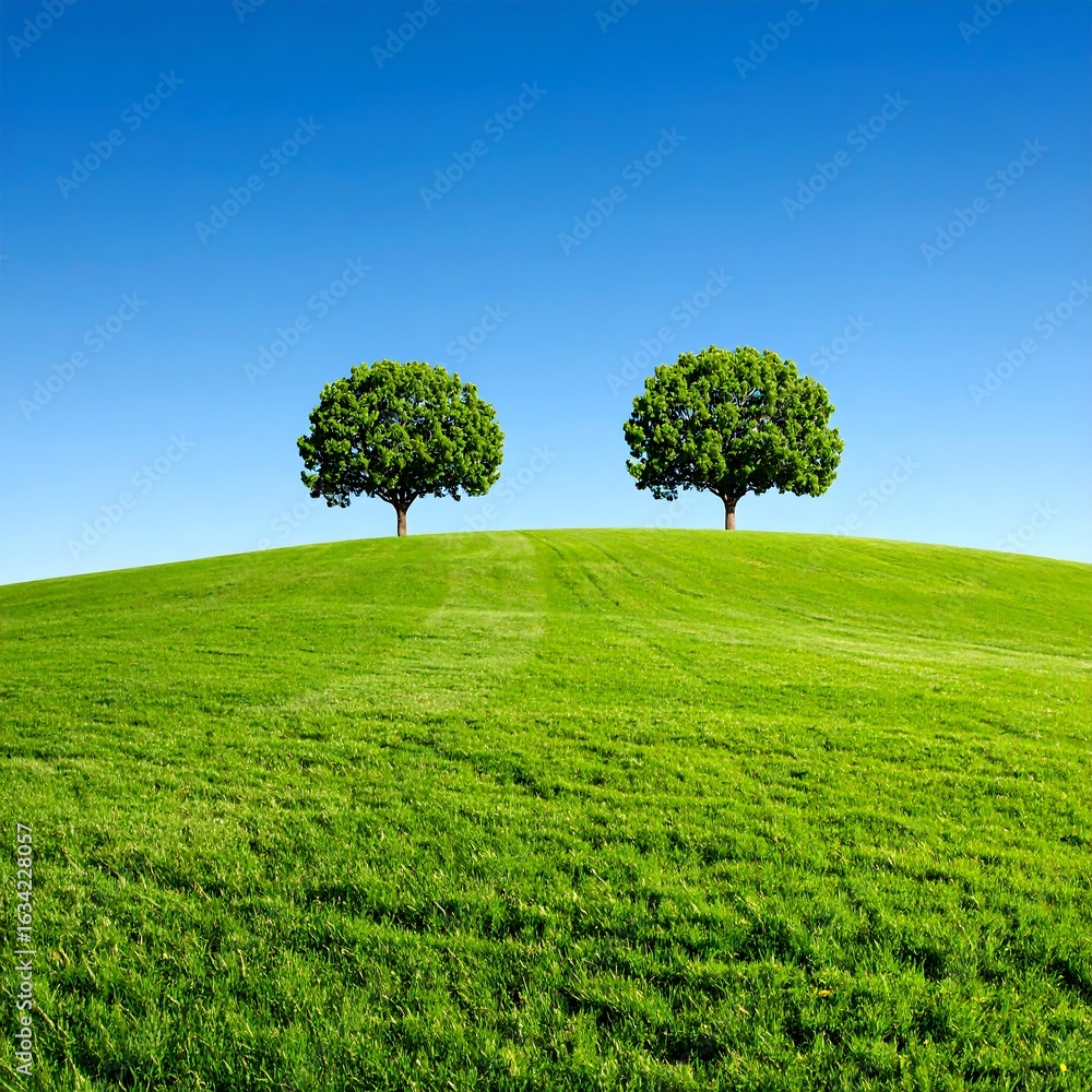 Fototapeta premium Two trees on a grassy hill under a clear blue sky