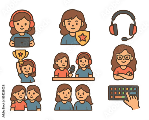 Female Esports Icons. Flat vector mini-illustrations Female esports professionals in colors children's