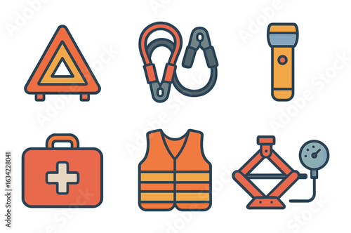 Children's Roadside Essentials. Flat vector mini-illustrations Emergency roadside kit in colors children's