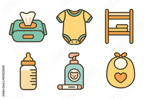 Baby Essentials Icons. Flat vector mini-illustrations Baby essentials checklist in colors children's