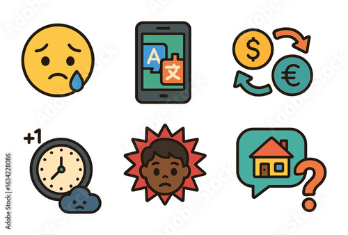 Study Abroad Icons. Flat vector mini-illustrations Study abroad challenges in colors children's illustrations: