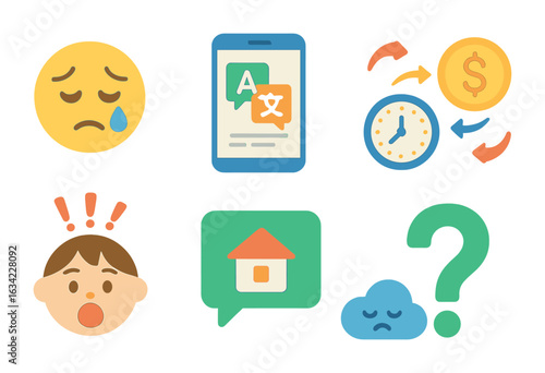 Study Abroad Icons. Flat vector mini-illustrations Study abroad challenges in colors children's illustrations:
