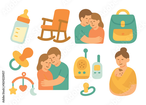 New Parent Essentials. Flat vector mini-illustrations Support for new parents in colors children's