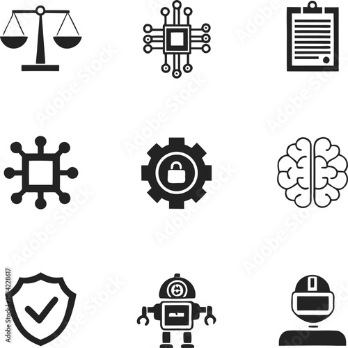 artificial, intelligence, robotics, ethics, law, technology, machine, learning, future, cyborg, automation, icon, set, vector