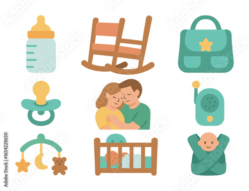 New Parent Essentials. Flat vector mini-illustrations Support for new parents in colors children's
