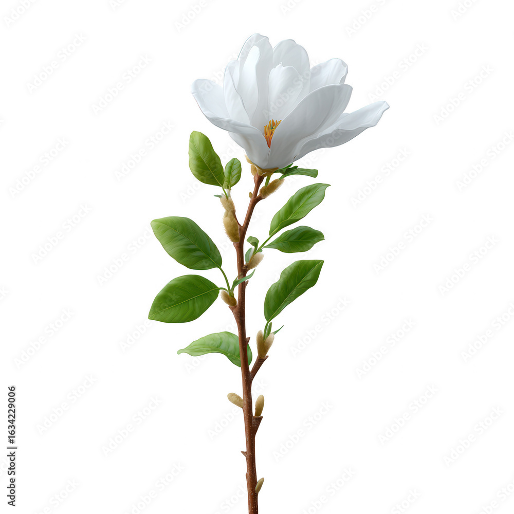 Fototapeta premium A beautiful white magnolia flower with delicate petals and lush green leaves on a slender stem, perfect for floral arrangements and nature-themed designs.