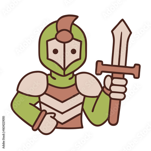 Illustration of a cartoon knight with sword ready for adventure in a playful style, showcasing bravery and heroism in a fantasy setting