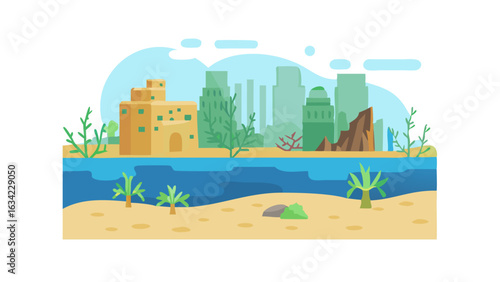 Imaginary coastal landscape with ruins and green vegetation in a vibrant atmosphere during a sunny day