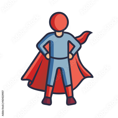 Superhero character wearing red cape and blue suit stands proudly with hands on hips, symbolizing strength and courage