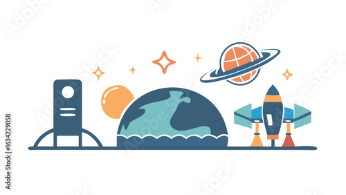 Exploring outer space with rockets, planets, and celestial bodies in a colorful graphic design