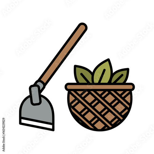 A gardener's reward: a trusty hoe rests next to a basket filled with freshly harvested leaves, a symbol of hard work and growth.