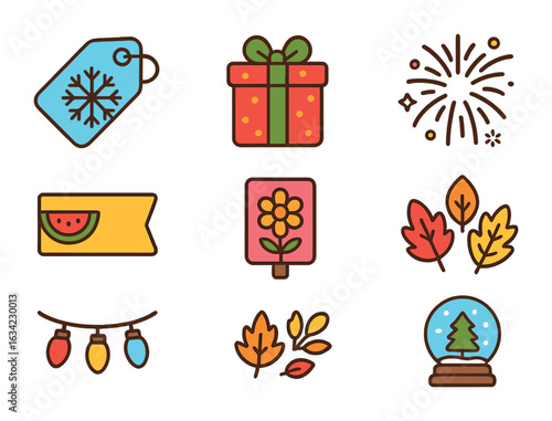 Seasonal Kids Icons. Flat vector mini-illustrations seasonal promotions in colors children's illustrations: