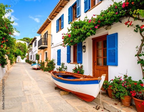 Fototapeta Naklejka Na Ścianę i Meble -  Whitewashed houses, colorful flowers, and boats in a Mediterranean alley