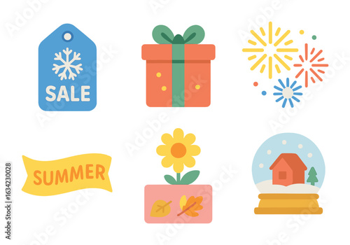 Seasonal Kids Icons. Flat vector mini-illustrations seasonal promotions in colors children's illustrations: