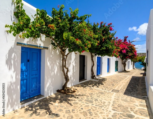 Fototapeta Naklejka Na Ścianę i Meble -  Whitewashed houses with blue doors, vibrant bougainvillea