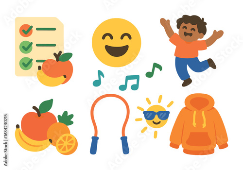 Joyful Habits Icons. Flat vector mini-illustrations happiness habits in colors children's illustrations:
